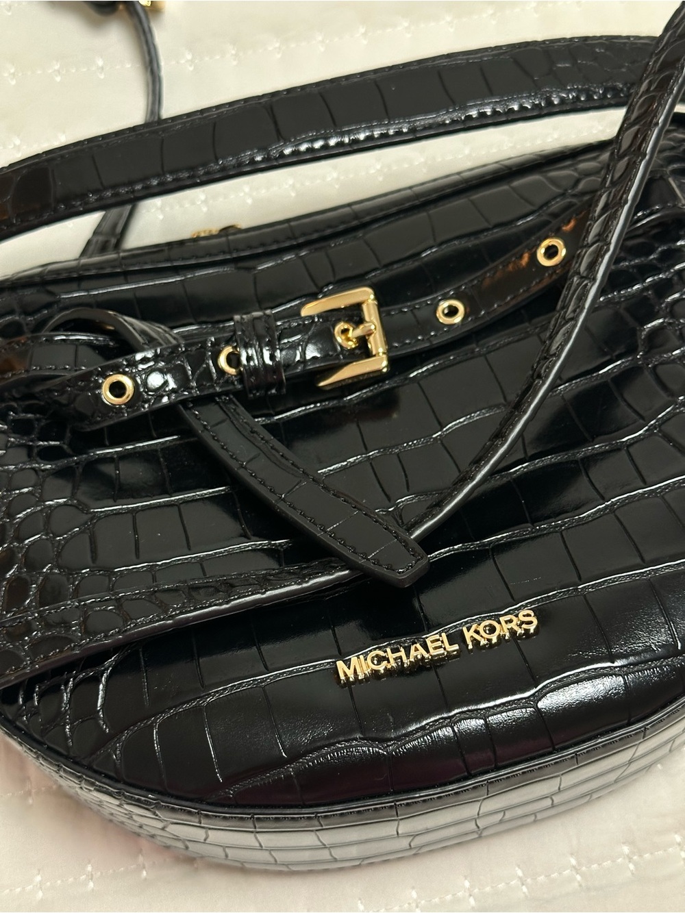 Michael Kors Black Croc-Embossed Half Moon Mini Shoulder Bag with Gold Hardware - Picture 6 of 7